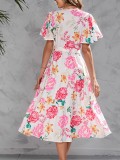 Summer Printed V-neck Waist Length Short Sleeved Dress
