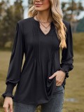 Solid Color Striped Bubble Sleeved V-neck Tied Up Tops