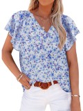 Women's Floral Print Puff Short Sleeve V Neck Blouse Top
