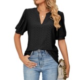 V Neck Hollow Out Solid Color Puff Sleeve T-Shirts