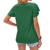 V Neck Ruffle Sleeve Short Sleeved T Shirt