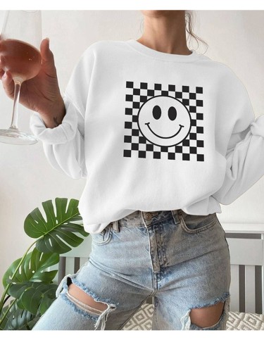 Smiling Face Pattern Round Neck Long Sleeved Sweater