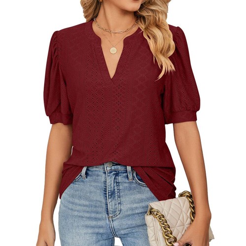 V Neck Hollow Out Solid Color Puff Sleeve T-Shirts