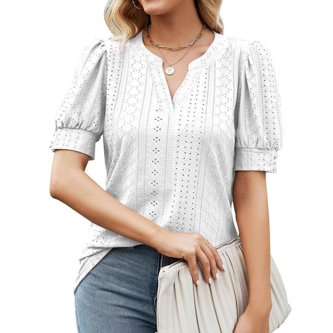 V Neck Hollow Out Solid Color Button Puff Sleeve T-Shirts