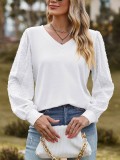 Women's Long sleeved T-shirt Solid V-neck Mesh Bubble Sleeve