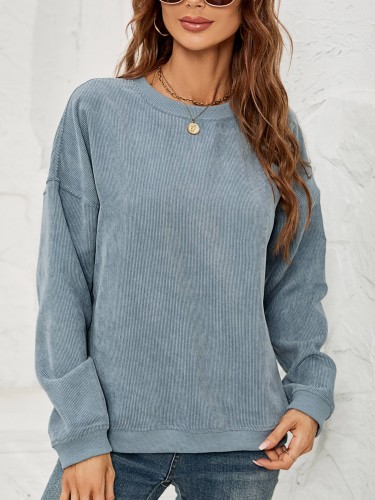 Corduroy Sweater Casual Round Neck Pullover Long Sleeved Top