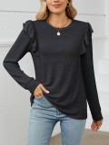 Wood Ear Edge Long Sleeved Round Neck Top T-shirt