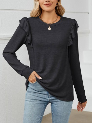 Wood Ear Edge Long Sleeved Round Neck Top T-shirt