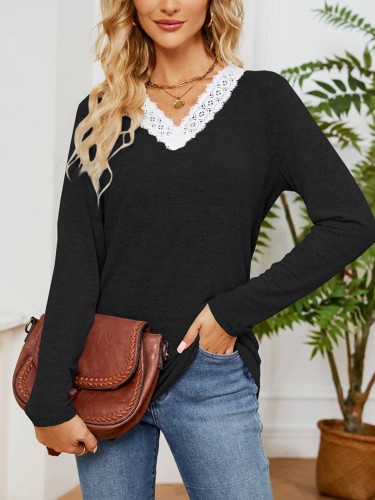Solid Lace V-neck Patchwork Loose Sleeved T-shirt Top
