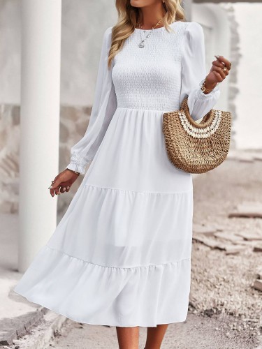 Long Sleeve High Waist Casual Smocked Tiered Dresses
