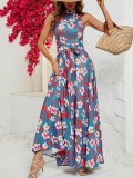 Printed Hanging Neck Waist Wrapped Spicy Girl Dress