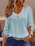 Solid Jacquard Button Long Sleeve T-shirt Top