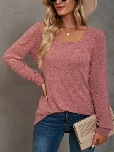 Solid Color U-neck Long Sleeved Casual Women's Bottom Shirt