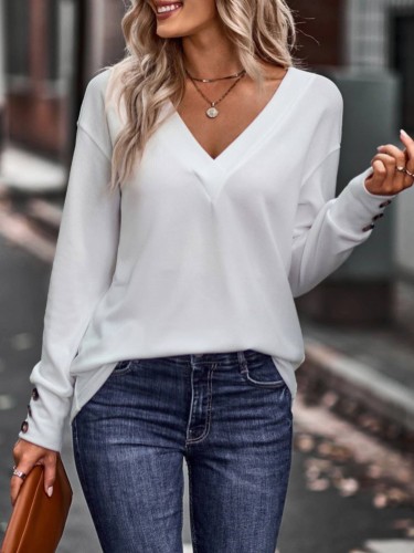 Solid V-neck Loose Long Sleeve Button Top