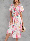 Summer Printed V-neck Waist Length Short Sleeved Dress