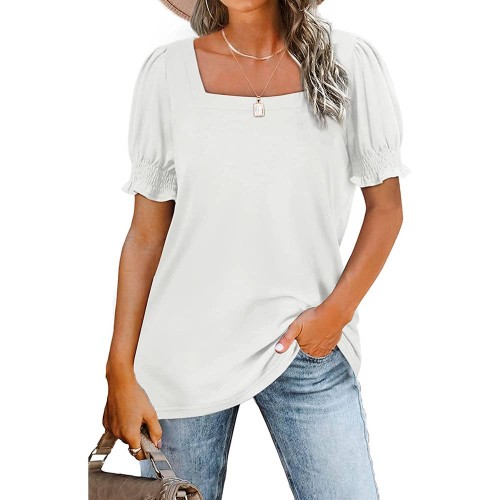 Summer Casual Ruffle Trim Sleeve Square Neck T Shirts