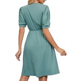 Lace V-Neck Short Sleeve Pocket Mini Dress
