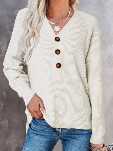 V Neck Button Down Solid Color Ribbed Knit Casual Sweater