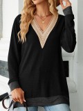 Womens Lace V-neck Contrast Split Loose Sleeve Top