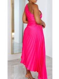 Single Shoulder Diagonal Neckline Pleated Hollow Out Dress