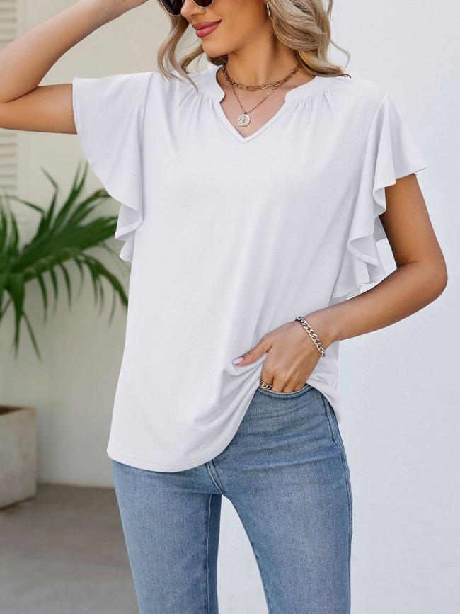 V Neck Ruffle Sleeve Solid Color Loose Tops