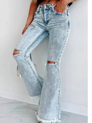 Perforated Slightly Ragged Washed High Waist Pants