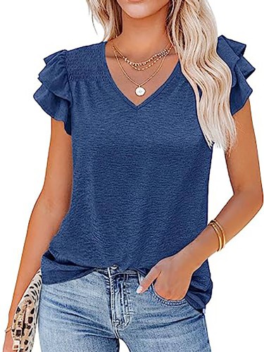 Summer V Neck Ruffle Short Sleeve Cute Casual Top