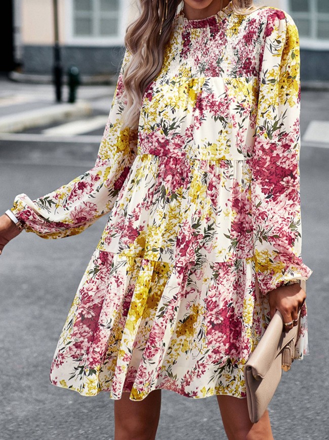 Mock Neck Long Sleeve Floral Print Ruffle Short Dress