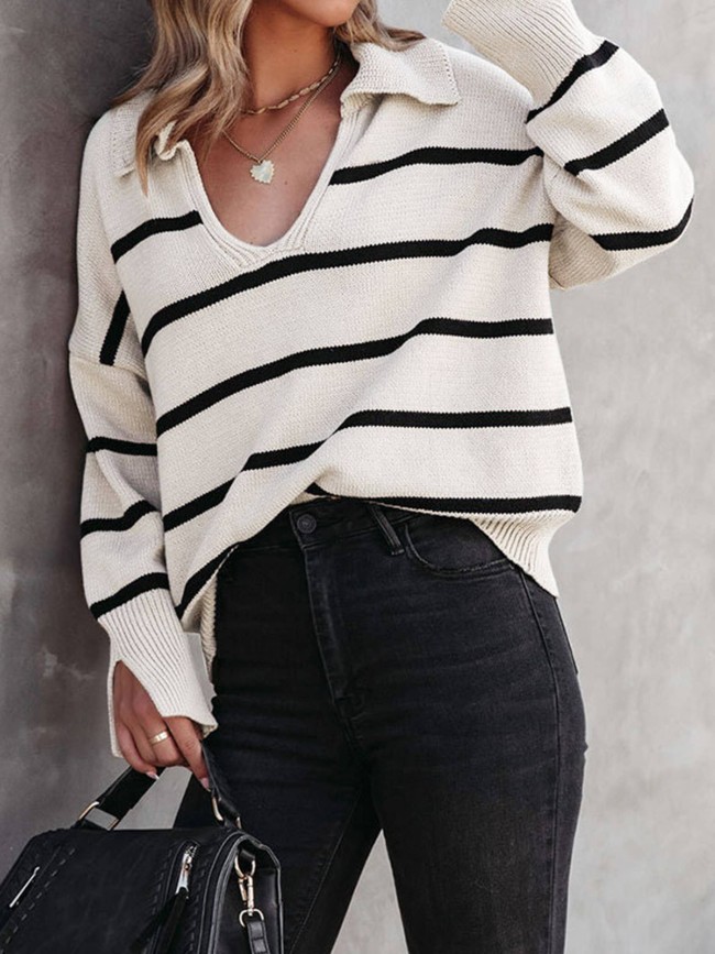 Stripe Color Matching Long Sleeved Top V Pullover Knit