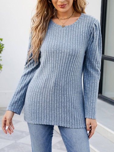 Round Neck Pit Stripe Solid Color Top Long Sleeved Tops