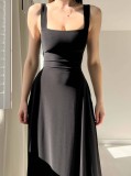Women's Thick Shoulder Strap Slim Closed Mid Length Dress
