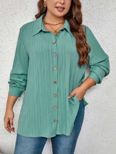 Green Loose Fitting Long Sleeved Solid Color Shirt