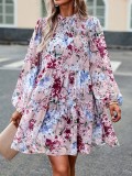 Mock Neck Long Sleeve Floral Print Ruffle Short Dress
