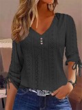 Solid Jacquard Button Long Sleeve T-shirt Top