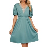 Lace V-Neck Short Sleeve Pocket Mini Dress