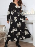 Elegant Printed V-neck Petal Sleeve Dress For Women