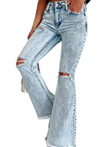 Perforated Slightly Ragged Washed High Waist Pants