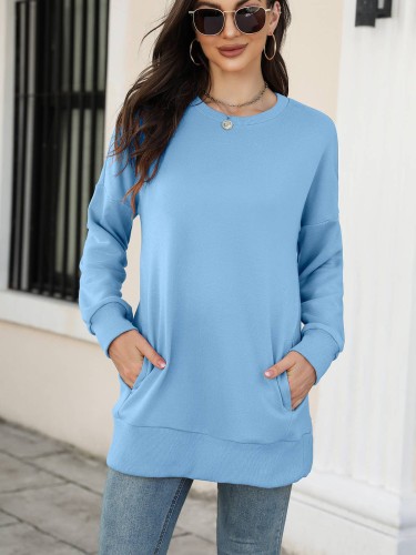 Round Neck Long Sleeved Pocket Top For Women