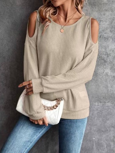 Off Shoulder Button Loose Long Sleeved T-shirt Top For Women