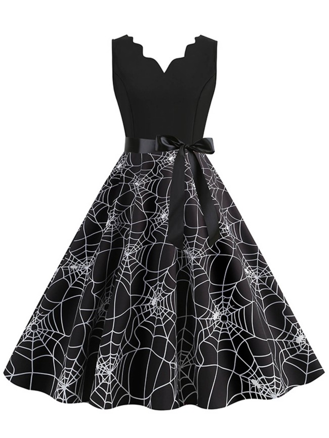 Halloween Spider Web Pumpkin Print Cocktail Party Dress