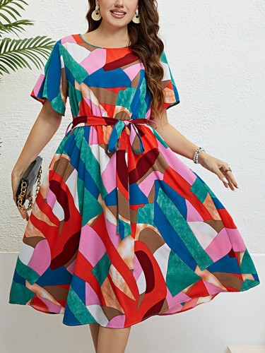 Strap Waist Stitching Colorful Dress For Women
