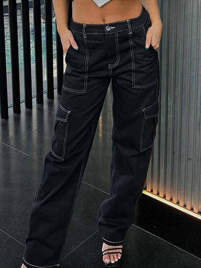 Fashion Spliced Straight Multi Pocket Workwear Pants