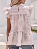 Ruffle Sleeved Round Neck Ruffled Stripe Loose Top For Women