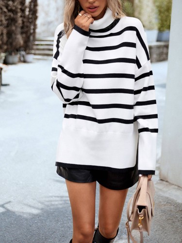 Fall Winter Knit Sweater Turtleneck Striped Pullover Tops