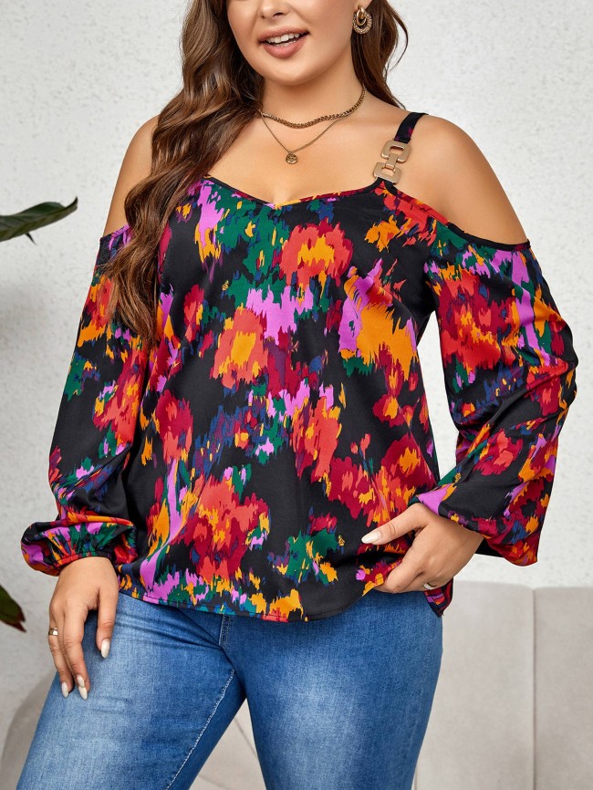 Fashion Graffiti Print Off Shoulder Long Sleeve Top