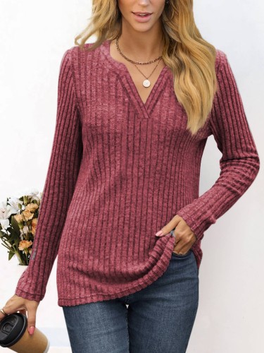 Solid V-neck Loose Relaxed Long Sleeve T-shirt Top