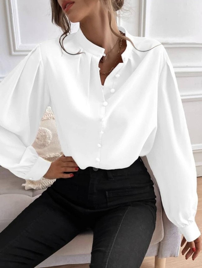 Half Open Collar Solid Color Fitting Long Sleeved Shirt