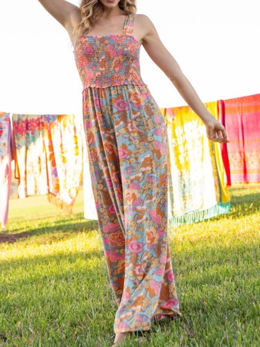 Floral Sexy Open Back Square Neck Wide Leg Jumpsuits