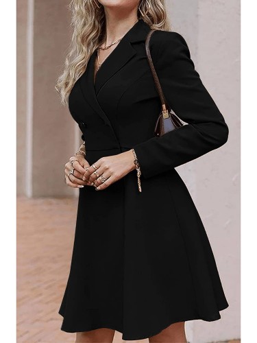 Women's Solid Color Double Breasted Long Sleeved Dress