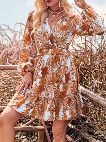 Women's Floral Boho V Neck Long Sleeve Mini A-Line Dresses